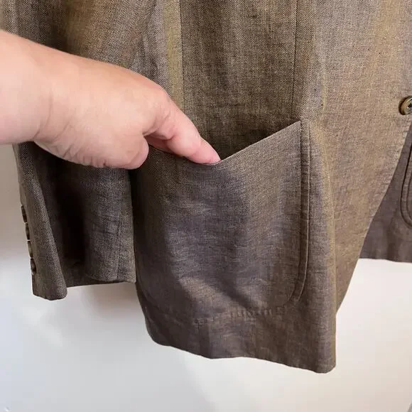 Ibiza Mens Blazer Size‎ 46L Tan Blue Herringbone 100% Linen 2 Button Sport Coat